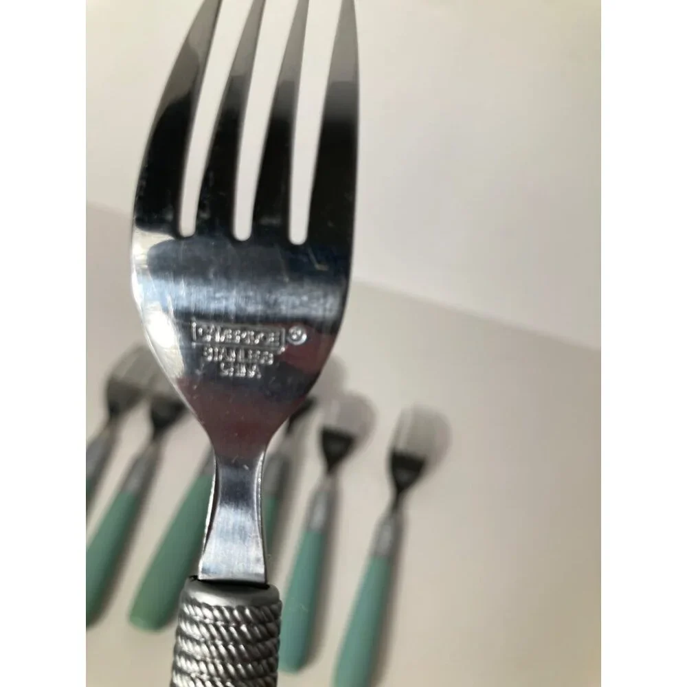 7 - Vintage Cambridge Forks Green Stainless Flatware Plastic‎ Handle 7 or 8